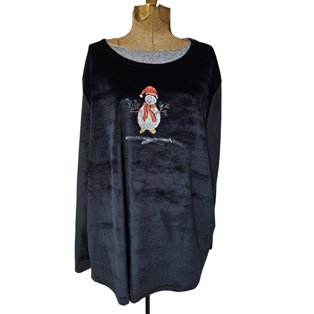 Coconut Bay Sweater Womens 2X Black Velour Snowman Plus Size Soft Pullover